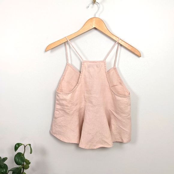 Cropped Spaghetti Strap Ruffled Blouse | 100% Linen | Blush Pink | Size XS - Picture 5 of 10